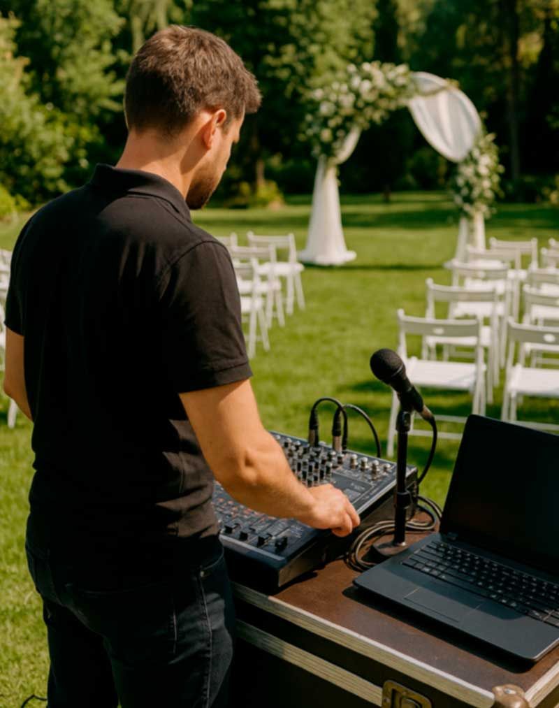 Técnico de Wikolia preparando el sonido de una ceremonia al aire libre
