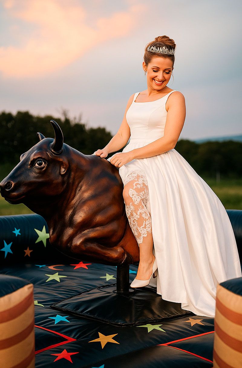 Novia montando en el toro mecánico